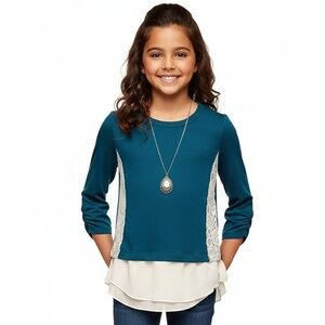 Amy Byer Blouse Girls M 10-12 Blue White Layered Ruched Sleeve Knit‎ Boho Chic